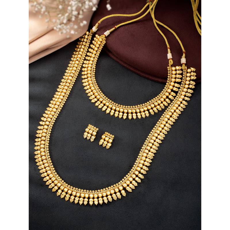 Gold plated choker long necklace and earrings set maharani haar