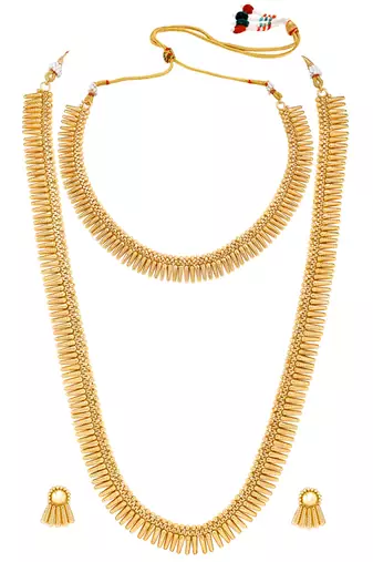 Gold plated choker long necklace and earrings set maharani haar