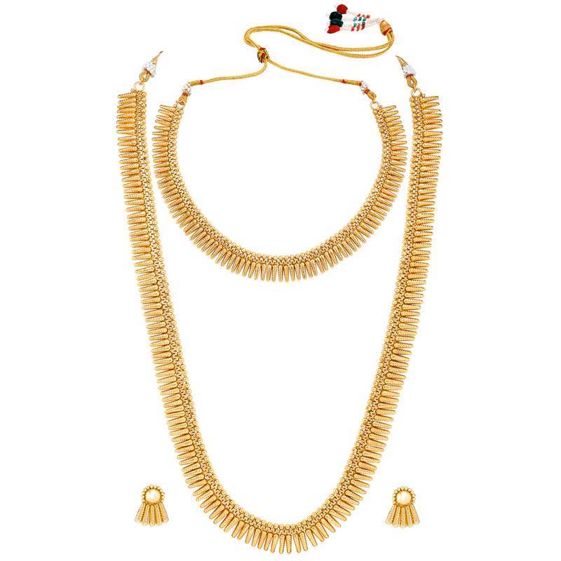 Gold plated choker long necklace and earrings set maharani haar