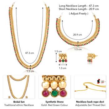 Gold plated red green choker long necklace and earrings set maharani 4