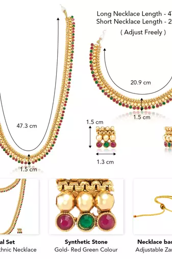 Gold plated red green choker long necklace and earrings set maharani