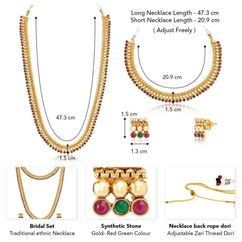 Gold plated red green choker long necklace and earrings set maharani