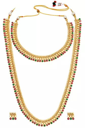 Gold plated red green choker long necklace and earrings set maharani