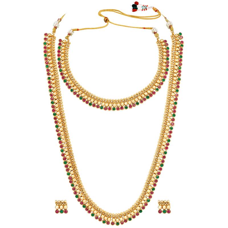Gold plated red green choker long necklace and earrings set maharani