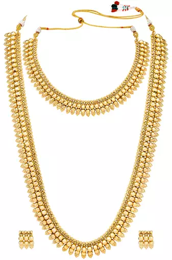 Gold plated choker long necklace and earrings set maharani haar
