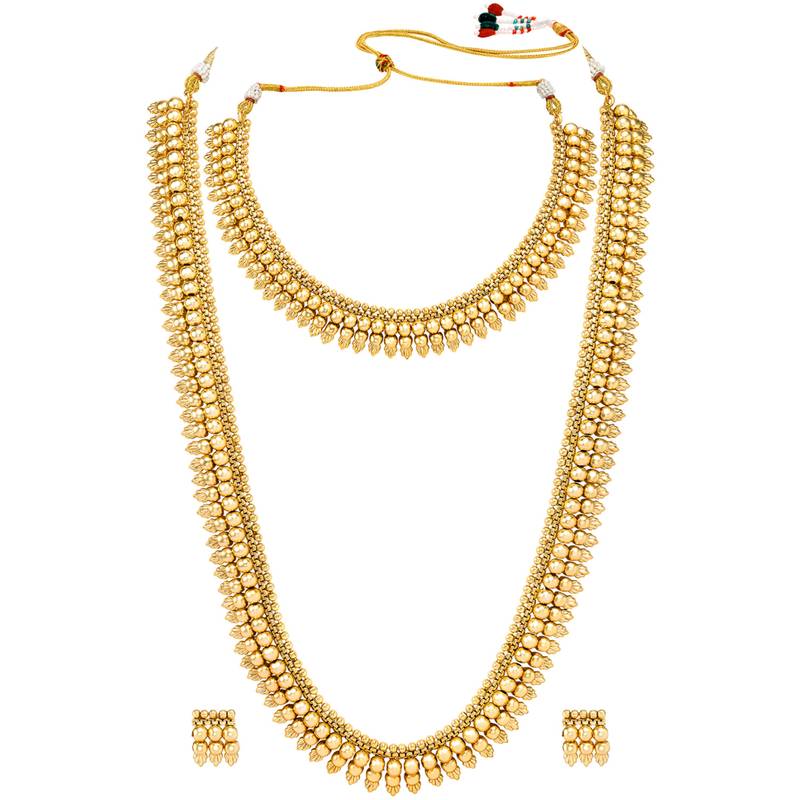 Gold plated choker long necklace and earrings set maharani haar