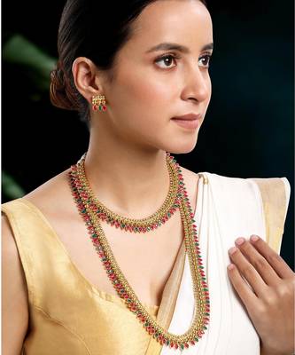 Red green choker long necklace and earrings set maharani haar 1