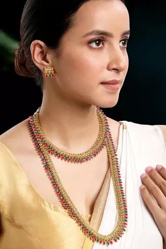 Red green choker long necklace and earrings set maharani haar