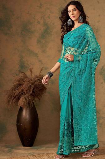 Teal embroidered sarees