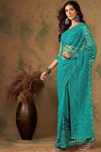 Teal embroidered sarees