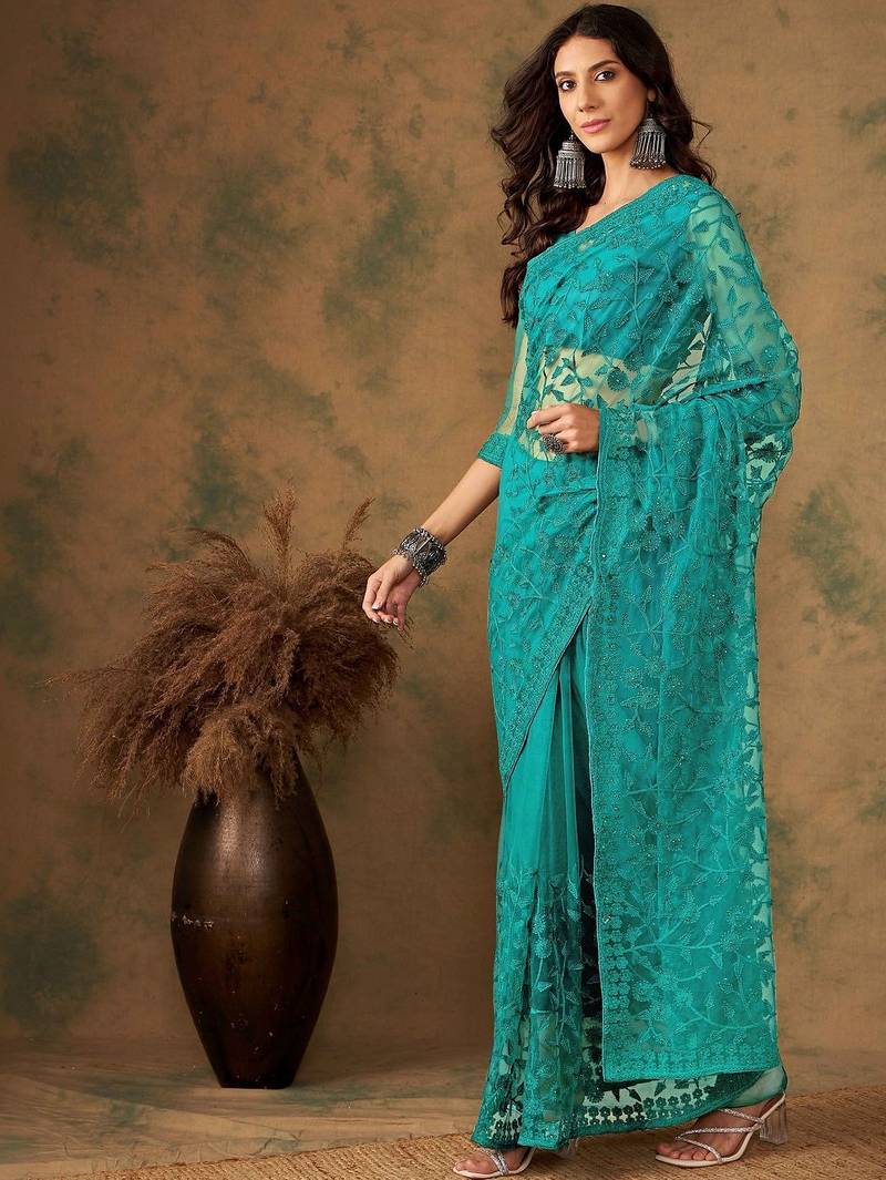 Teal embroidered sarees