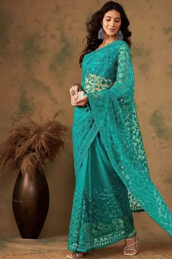 Teal embroidered sarees