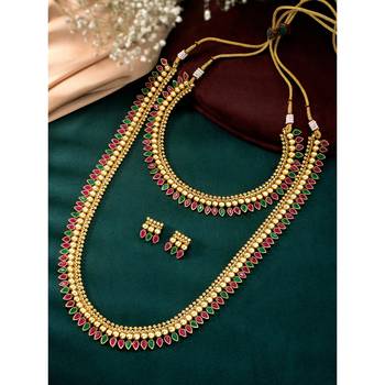 Red green choker long necklace and earrings set maharani haar 2