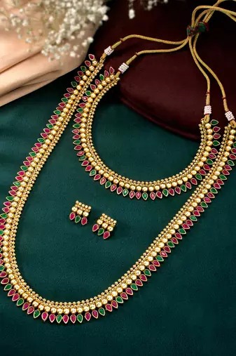 Red green choker long necklace and earrings set maharani haar