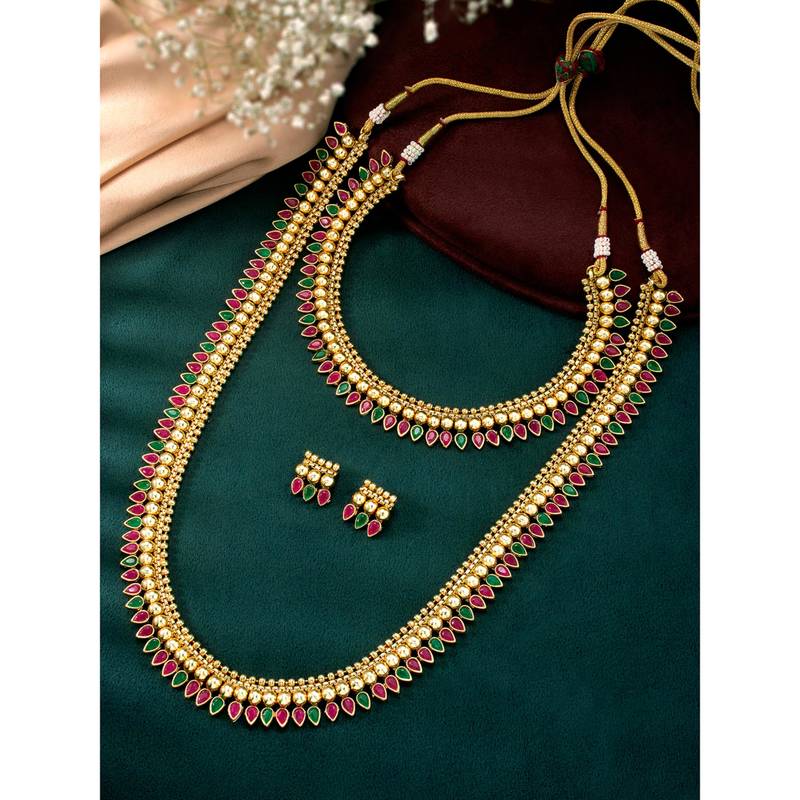 Red green choker long necklace and earrings set maharani haar