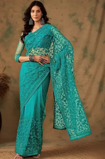 Teal embroidered sarees