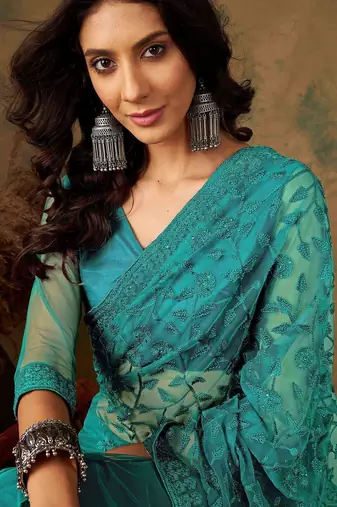 Teal embroidered sarees