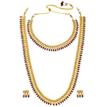 Red green choker long necklace and earrings set maharani haar 5