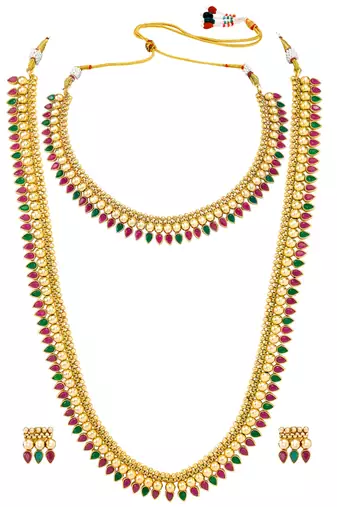 Red green choker long necklace and earrings set maharani haar