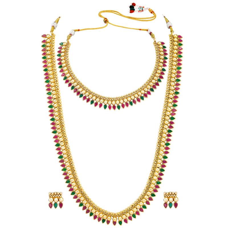 Red green choker long necklace and earrings set maharani haar