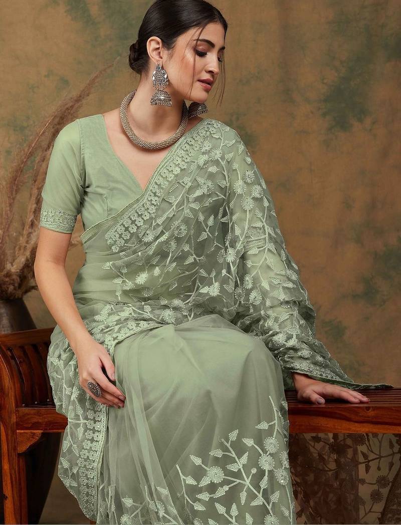 Olive embroidered   sarees