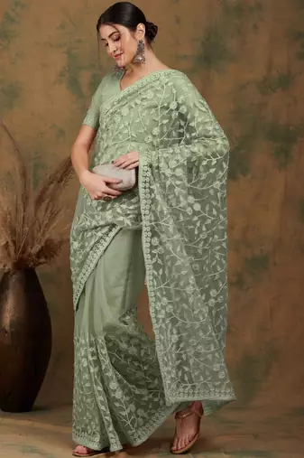 Olive embroidered   sarees