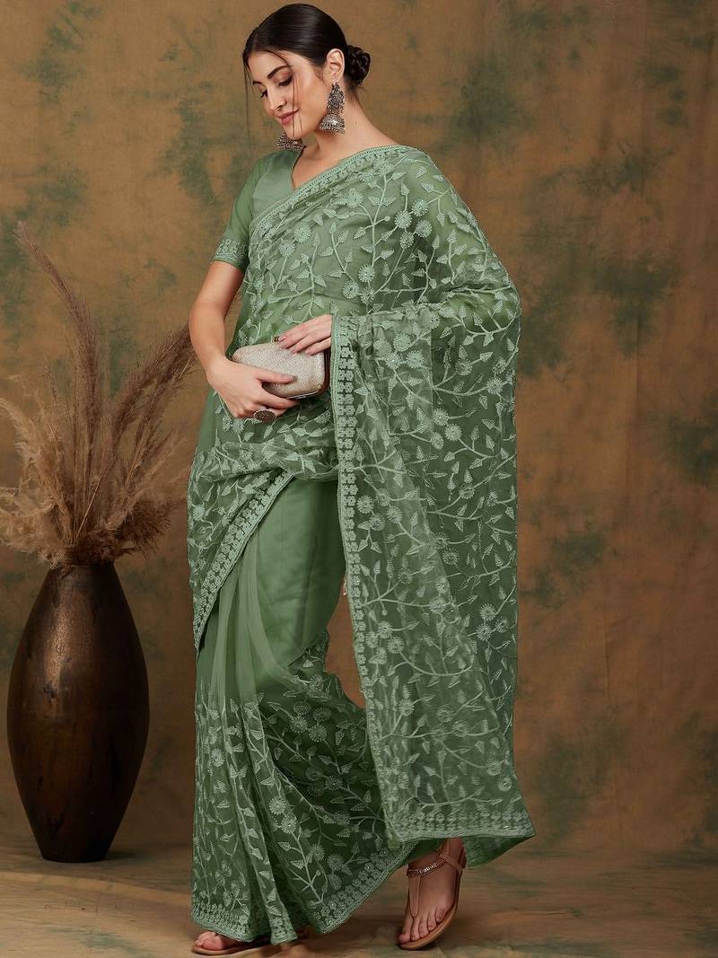 Olive embroidered  sarees