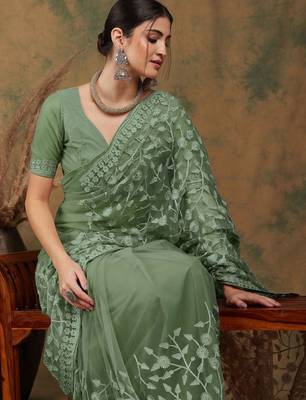 Olive embroidered  sarees 2