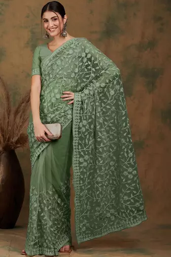 Olive embroidered  sarees