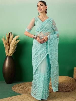 Sea green embroidered saree with blouse piece 1