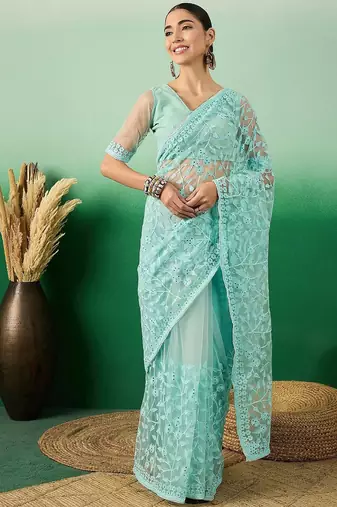 Sea green embroidered saree with blouse piece