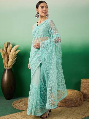 Sea green embroidered saree with blouse piece 2