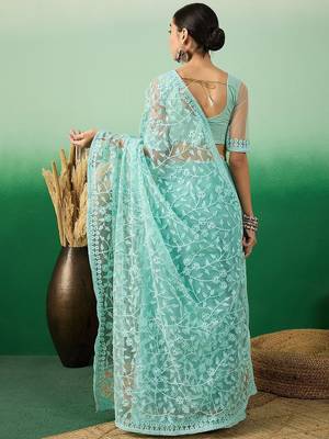 Sea green embroidered saree with blouse piece 3