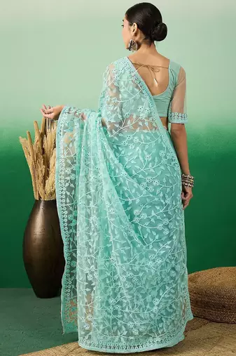 Sea green embroidered saree with blouse piece