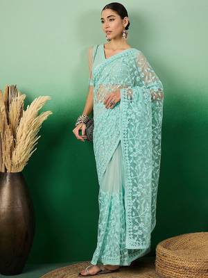 Sea green embroidered saree with blouse piece 4