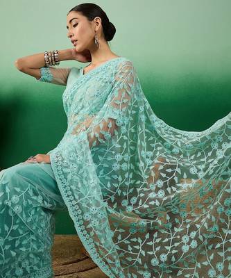 Sea green embroidered saree with blouse piece 5