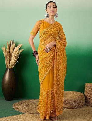 Mustard embroidered net saree with blouse piece 2