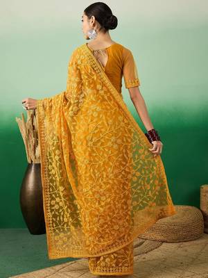 Mustard embroidered net saree with blouse piece 4