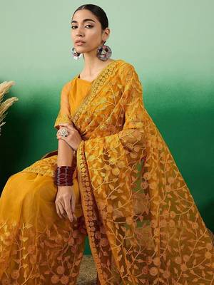 Mustard embroidered net saree with blouse piece 5
