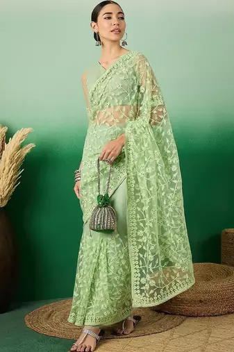 Green floral embroidered net saree