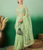 Green floral embroidered net saree
