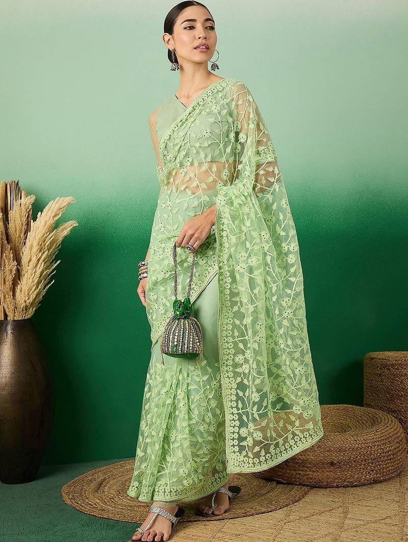 Green floral embroidered net saree