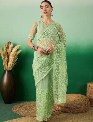Green floral embroidered net saree 2