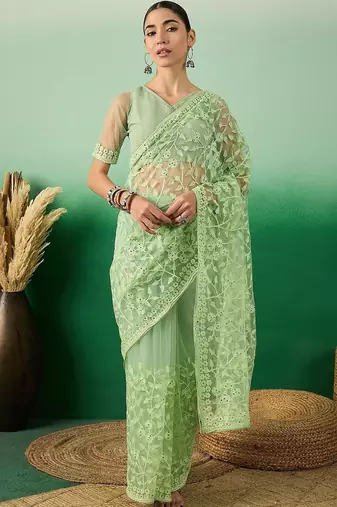 Green floral embroidered net saree