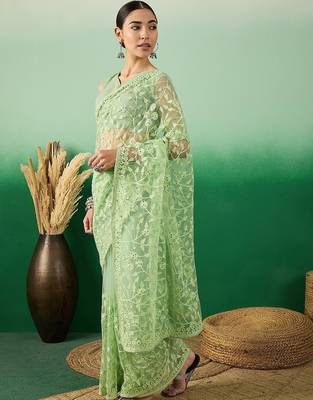 Green floral embroidered net saree 3