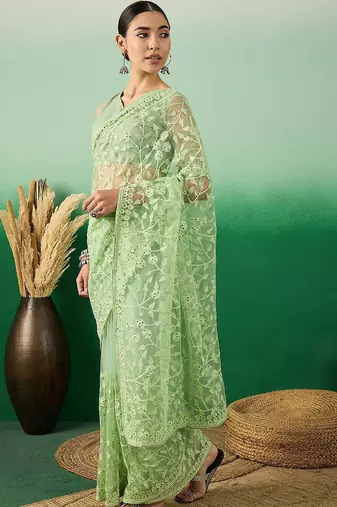 Green floral embroidered net saree