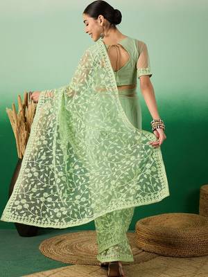 Green floral embroidered net saree 4
