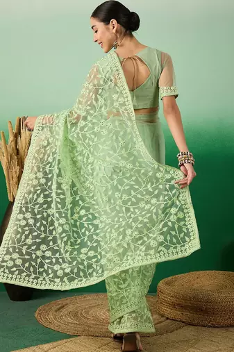 Green floral embroidered net saree