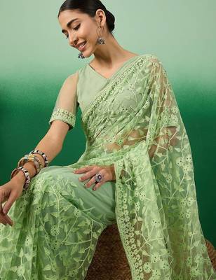 Green floral embroidered net saree 5