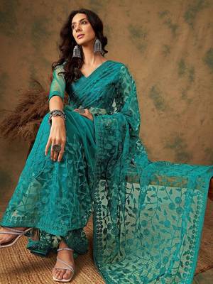 Teal embroidered saree with blouse piece 1